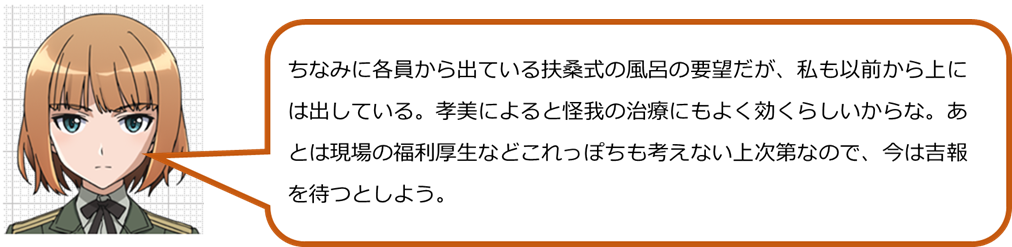 ちなみに各員から出ている扶桑式の風呂の要望だが、私も以前から上には出している。孝美によると怪我の治療にもよく効くらしいからな。あとは現場の福利厚生などこれっぽちも考えない上次第なので、今は吉報を待つとしよう。